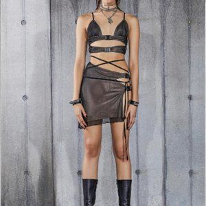 Snare Mesh Overlay Cut-Out Buckle Skirt Set